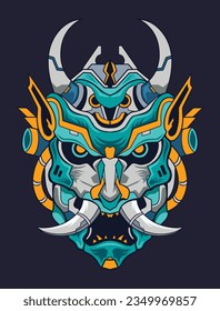 Japanese Oni Mask T-shirt Design, Japan Culture Samurai, Hannya mask Mecha Vector Graphic Illustration, Clothing Apparel Design