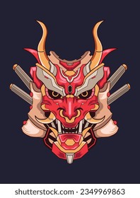 	
Japanese Oni Mask T-shirt Design, Japan Culture Samurai, Hannya mask Mecha Vector Graphic Illustration, Clothing Apparel Design