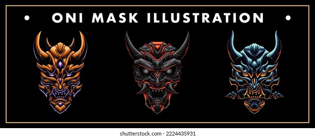 Japanese Oni mask vector design illustration set with cyborg style