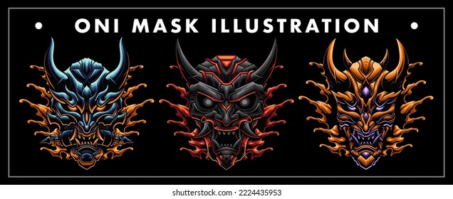 Japanese Oni mask vector design illustration set with cyborg style