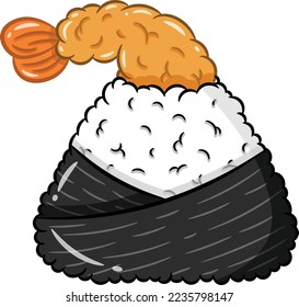 Arroz marrón onigiri japonés con un lindo dibujo de camarón