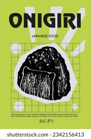 Japanese onigiri. Price tag or poster design. Set of vector illustrations. Typography. Engraving style. Labels, cover, t-shirt print, painting.