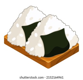 Japanese onigiri sushi with seaweed on wooden platter boards (Japanese Rice Balls) illustration vector.