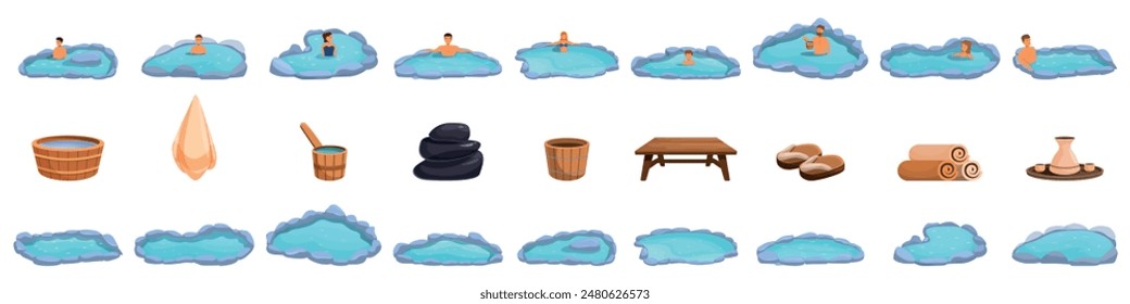 Japanese onsen icons set. People enjoying onsen, a traditional japanese hot spring, with various accessories for spa treatment