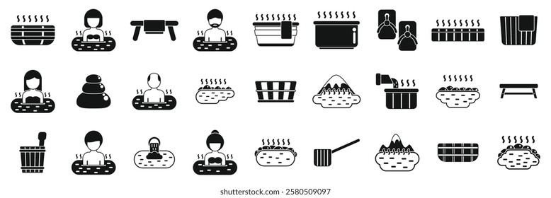  Japanese onsen icons set. Set of simple black and white icons representing various aspects of onsen and hot springs culture, showing people bathing and related equipment