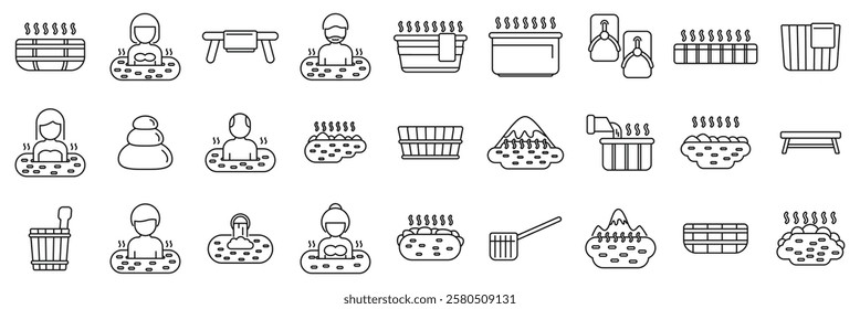  Japanese onsen icons set. Set of simple black and white icons representing hot springs, onsen and spa treatments, showing people bathing and relaxing