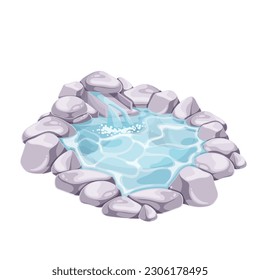 Japanese onsen pool vector illustration. Cartoon isolated pond with healthy thermal hot spring water and pile of natural pebbles and rocks in row, outdoor traditional onsen in spa resort of Japan