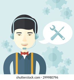 A japanese operator with headset as customer service helpdesk with screwdriver and combination wrench inside bubble. Call center concept. A Contemporary style with pastel palette, soft blue tinted