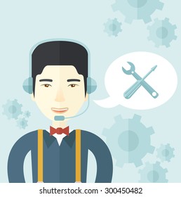 A japanese operator with headset as customer service helpdesk with screwdriver and combination wrench inside bubble. Call center concept. A Contemporary style with pastel palette, soft blue tinted