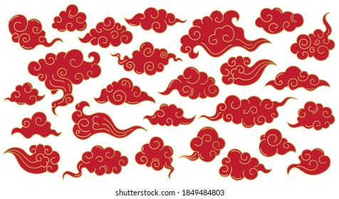 Nubes orientales japonesas. Nubes de cielo tradicionales asiáticas, adorno de doodle coreano. Símbolos vectoriales decorativos orientales chinos. Elementos del cielo rojo oriental de diferente forma aislados en blanco