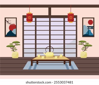 Interior oriental japonés. Mesa para la ceremonia del té con tetera y tazas. Linternas decorativas. Bonsáis y pinturas en la pared. Ilustración vectorial