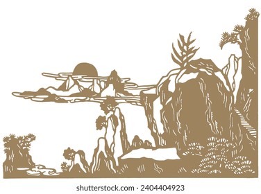 Japanese Oriental Nature. Idyll, Harmony, Feng Shui. Eastern Ornament Landscape Background. Gold Textile Design Decoration. Golden, Navy Blue Background. Textile, Fabric Print.
