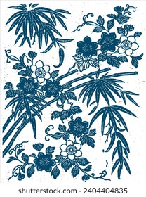 Japanese Oriental Pattern. Eastern Ornament Abstract Background. Indigo Blue with Gold Textile Design. Golden, Navy Blue Background. Textile, Fabric Print.
