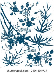 Patrón oriental japonés. Antecedentes abstractos del ornamento oriental. Azul índigo con diseño textil dorado. Fondo dorado, azul marino. Impresión textil, de tela.
