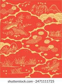 Japanese oriental pattern. Japanese landscape print. Oriental ornament with mountains. Gold flowers on red background. Oriental Ornament elements. Gold textile design.