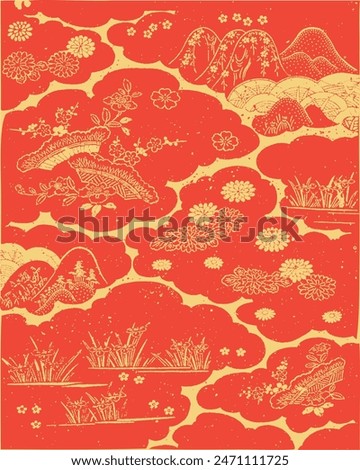 Japanese oriental pattern. Japanese landscape print. Oriental ornament with mountains. Gold flowers on red background. Oriental Ornament elements. Gold textile design.