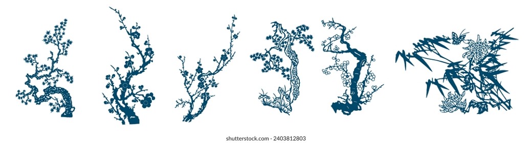 Japanese Oriental Pattern. Oriental Ornament Elements. Indigo Blue Sakura Trees. Navy Blue Sakura Branch. Eastern Botanical Decor. Bamboo Blooming Tree. Bamboo Leaves with Peony.