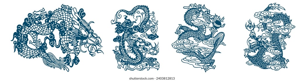 Patrón oriental japonés. Elementos del ornamento oriental. Elementos de diseño orientales. Dibujo De Dragones Antiguos. Símbolo asiático de Año Nuevo 2024.