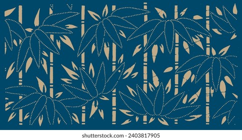 Patrón oriental japonés. Elementos del ornamento oriental. Azul índigo con diseño textil dorado. Fondo dorado, azul marino. Impresión textil, de tela. Patrón de árbol de bambú