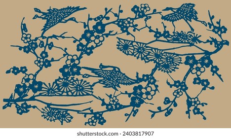 Japanese Oriental Pattern. Oriental Ornament Elements. Indigo Blue with Gold Textile Design. Golden, Navy Blue Background. Textile, Fabric Print.