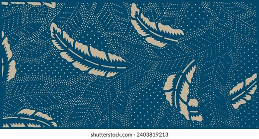 Japanese Oriental Pattern. Oriental Ornament Elements. Indigo Blue with Gold Textile Design. Golden, Navy Blue Background. Textile, Fabric Print.