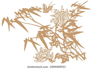 Japanese Oriental Pattern. Oriental Ornament Elements. Eastern Gold Decoration. Nature, Floral Details. Bamboo Branches, Trees, Leaves. Red and Gold Sun
