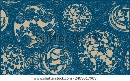 Japanese Oriental Pattern. Oriental Ornament Elements. Indigo Blue with Gold Textile Design. Golden, Navy Blue Background. Textile, Fabric Print.