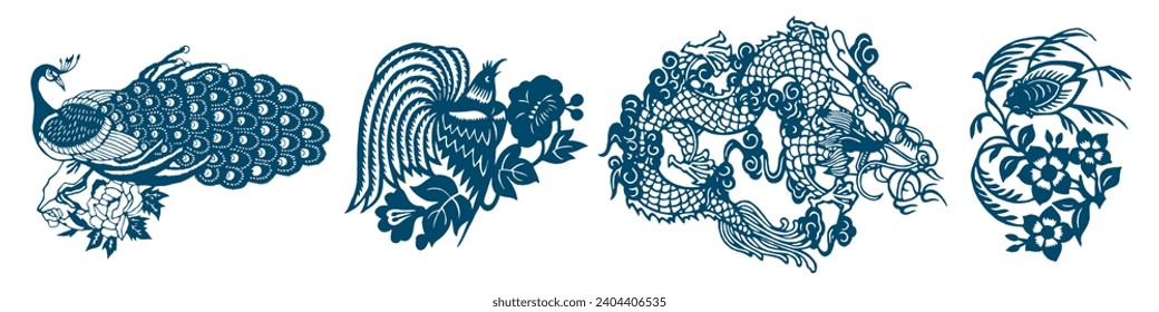 Japanese Oriental Symbols. Tropical Exotic Ornament Element. Bird with Beauty Plumage. Peacock, Phoenix, Firebird with Long Lush Feathered Tail. Koi, Carp Fish. Peony Flower. Asian Ornament.