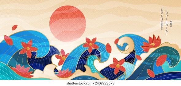 Japanese oriental water. Asian seascape. Chinese botany. Floral garden. Gold lotus flowers. Golden foil branches. Antique color leave. Art marine bouquet. Sea splashes. Vector ocean garish background