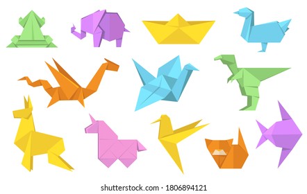 Japanese origami animals flat illustration set. Cartoon polygon paper horse, hare, bird, frog, fish and cat isolated vector illustration collection. Modern hobby and relaxation concept