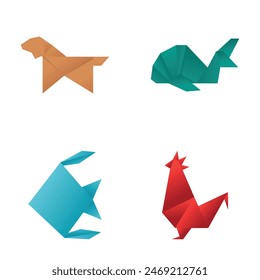 Japanese origami icons set cartoon vector. Origami folded paper animal figure. Pastime, hobby