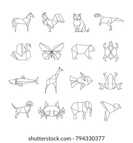 Japanese origami paper animals vector line icons. Set of origami animal shape geometric illustration