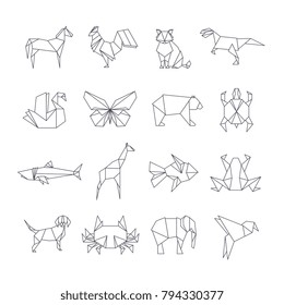 Japanese Origami Paper Animals Vector Line Icons. Set Of Origami Animal Shape Geometric Illustration