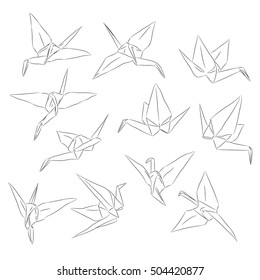 Japanese Origami paper cranes set, symbol of happiness, luck and longevity, sketch. black line contour on white background. Vector