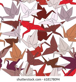 Japanese Origami paper cranes symbol of happiness, luck and longevity, sketch seamless pattern. purple orange red white pink brown isolated on white background. Vector