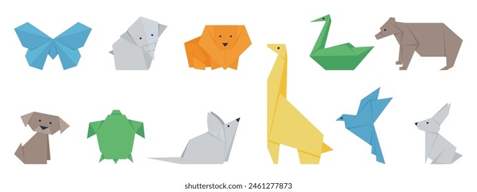 Japanese origami set. Polygonal animals and birds. Isolated paper art characters, giraffe, butterfly, swan and turtle. Handmade decent vector clipart