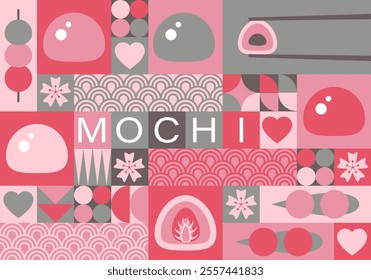 Japanese original mochi. Traditional japanese mochi dessert. Japanese sweet rice dessert. Flavors of mochi ice cream. Creative modern art. Bauhaus style