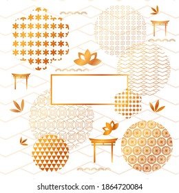 Japanese ornament background with empty frame. Abstract oriental floral and geometric pattern with torii. Japanese texture design vector illustration