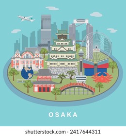 Japanische Osaka-Stadtlandschaft, Vektorgrafik.