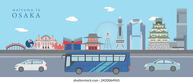 Japanische Osaka-Stadtlandschaft, Vektorgrafik.