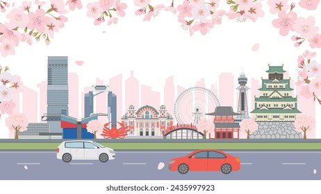 Japanische Osaka Stadtbild Vektor-Illustration. Frühlings-Szenerie mit Kirschblüten blühen.