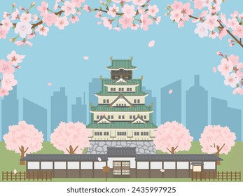 Japanische Osaka Stadtbild Vektor-Illustration. Frühlings-Szenerie mit Kirschblüten blühen.