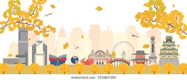 Japanese Osaka cityscape vector illustration. Autumn scenery.