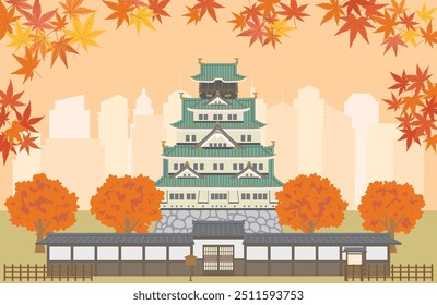 Japanische Osaka Stadtlandschaft, Vektorgrafik. Herbstlandschaft.