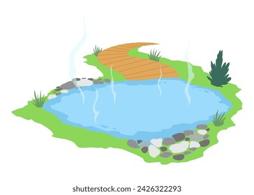 Japanese outdoor onsen pool with hot spring water vector illustration. Cartoon isolated traditional pond with rocks of spa resort in Japan, natural geothermal onsen bath for relax and bathing