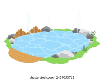 Piscina al aire libre japonesa onsen con agua termal ilustración vectorial. Caricatura aislado estanque tradicional con rocas de balneario en Japón, baño de onsen geotérmico natural para relajarse y bañarse