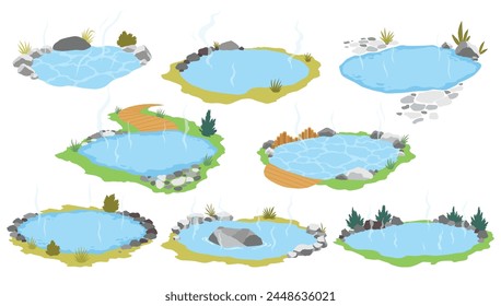 Japanese outdoor onsen pool with hot spring water vector illustration. Cartoon isolated traditional pond with rocks of spa resort in Japan, natural geothermal onsen bath for relax and bathing