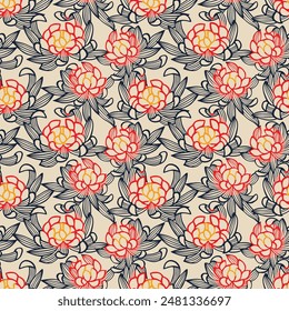 Japanese Overlap Wild Flower Vector Seamless Pattern