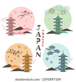 Japanese pagoda with beautiful seasonal landscape illustration set, travel japan concept.