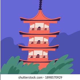 Japanisches Pagoda-Gebäude. Traditionelle asiatische Architektur. Buddhistischer mehrstöckiger Tempel. Religiöser Stationenturm im chinesischen Stil. Farbige flache Vektorgrafik